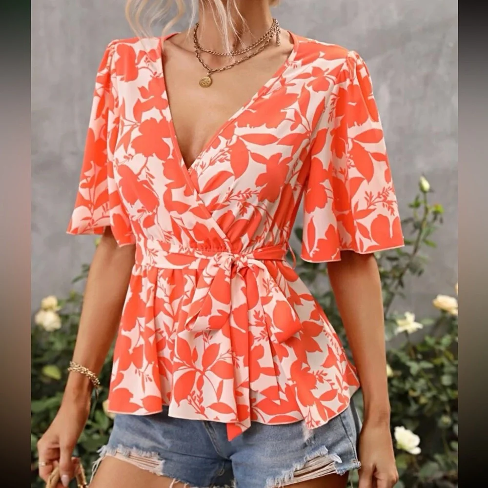 Boho floral print butterfly sleeve belted blouse - Picture 10 of 12